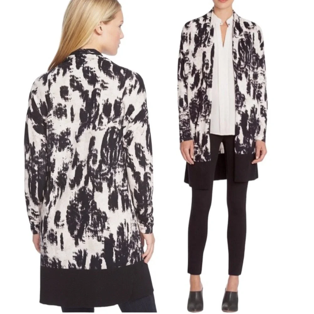 Nic+Zoe Castaway Open Front Cardigan Sweater Duster Abstract Black White XS
